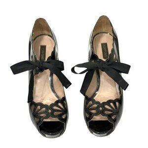 Joan & David Black Cicilee Patent Pumps Stiletto Lace Platform Heels Size 6.5